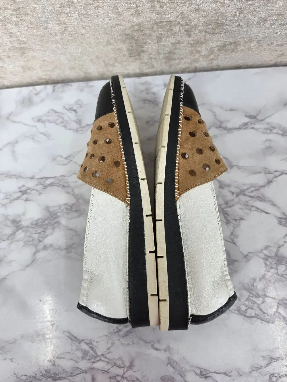 Hispanitas Tan Suede & White Leather Slip-On Flats with Black Toe